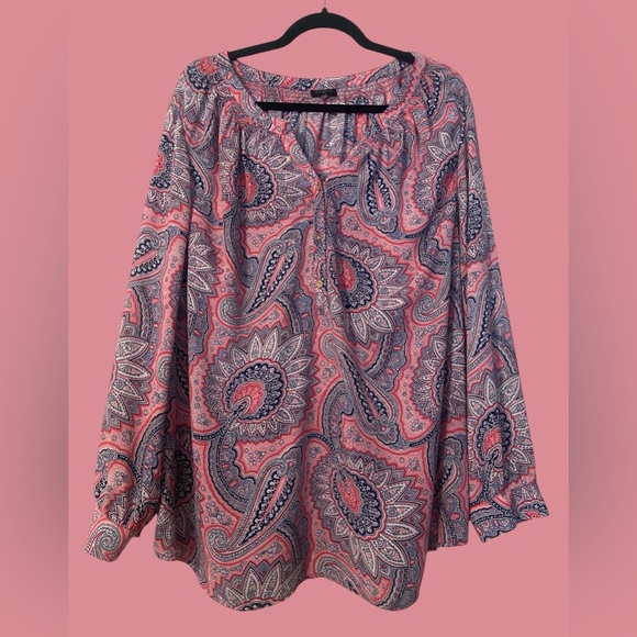 Talbots Paisley Peasant Top 3XL Pink Navy Balloon Sleeves Gold Button. - Picture 1 of 6